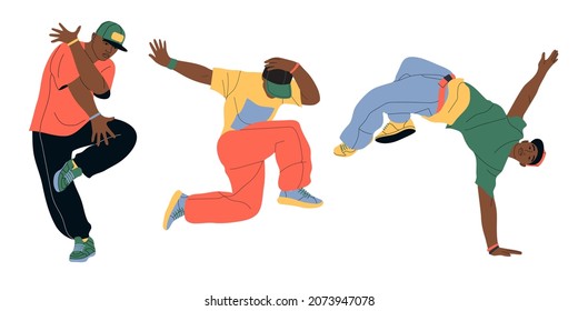 Vector set with three dancers. Black men dance hip hop. Flat modern design