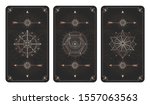 Vector set of three dark backgrounds with sacred symbols, grunge textures and frames. Abstract mystic signs drawn in lines. Illustration in black and gold colors. For you design and magic craft.
