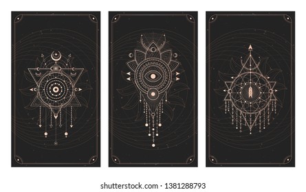 Vector set of three dark backgrounds with geometric symbols, grunge textures and frames. Sacred mystic signs drawn in lines. Illustration in black and gold colors. For you design and magic craft.