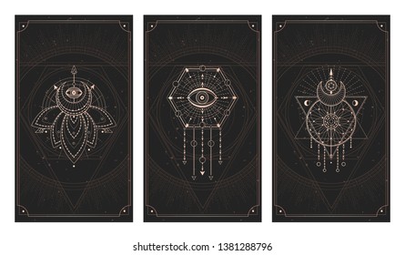 Vector set of three dark backgrounds with geometric symbols, grunge textures and frames. Signs drawn in lines. Illustration in black and gold colors. For you design and magic craft.