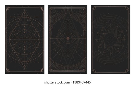 Vector set of three dark backgrounds with geometric symbols, grunge textures and frames. Sacred mystic signs drawn in lines. Illustration in black and gold colors. For you design and magic craft.