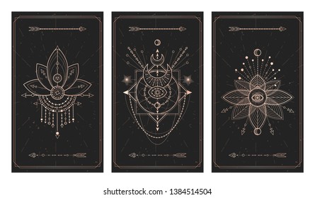 Vector set of three dark backgrounds with geometric symbols, grunge textures and frames. Sacred mystic signs drawn in lines. Illustration in black and gold colors. For you design and magic craft.