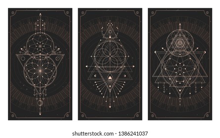 Vector set of three dark backgrounds with geometric symbols, grunge textures and frames. Sacred mystic signs drawn in lines. Illustration in black and gold colors. For you design and magic craft.