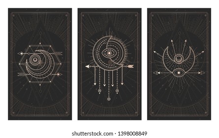 Vector set of three dark backgrounds with geometric symbols, grunge textures and frames.