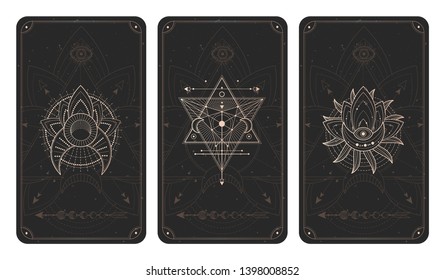 Vector set of three dark backgrounds with geometric symbols, grunge textures and frames.