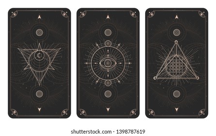 Vector set of three dark backgrounds with geometric symbols, grunge textures and frames. Sacred mystic signs drawn in lines. Illustration in black and gold colors. For y