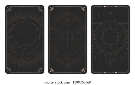 Vector set of three dark backgrounds with geometric symbols, grunge textures and frames. 