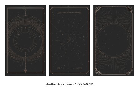 Vector set of three dark backgrounds with geometric symbols, grunge textures and frames. 