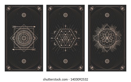 Vector set of three dark backgrounds with geometric symbols, grunge textures and frames. Sacred mystic signs drawn in lines. Illustration in black and gold colors. For you design and magic craft.