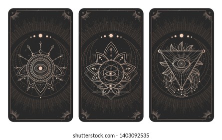 Vector set of three dark backgrounds with geometric symbols, grunge textures and frames. Signs drawn in lines. Illustration in black and gold colors. For you design and magic craft.