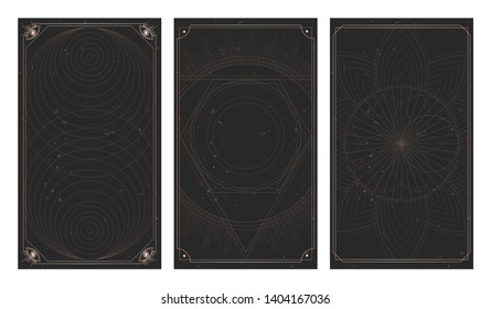 Vector set of three dark backgrounds with geometric symbols, grunge textures and frames. Sacred mystic signs drawn in lines. Illustration in black and gold colors. For you design and magic craft.