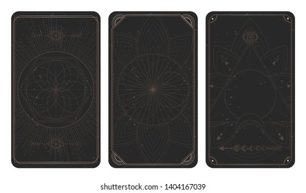 Vector set of three dark backgrounds with geometric symbols, grunge textures and frames. Sacred mystic signs drawn in lines. Illustration in black and gold colors. For you design and magic craft.