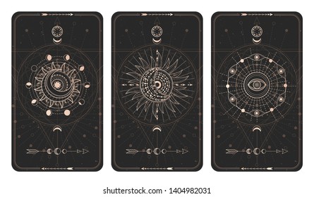 Vector set of three dark backgrounds with geometric symbols, grunge textures and frames. Sacred mystic signs drawn in lines. Illustration in black and gold colors. For you design and magic craft.