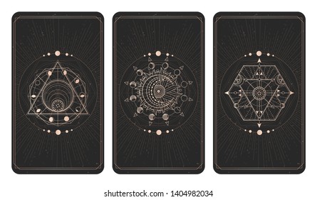 Vector set of three dark backgrounds with geometric symbols, grunge textures and frames. Sacred mystic signs drawn in lines. Illustration in black and gold colors. For you design and magic craft.