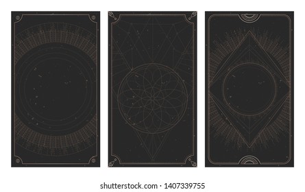 Vector set of three dark backgrounds with geometric symbols, grunge textures and frames. Sacred mystic signs drawn in lines. Illustration in black and gold colors. 