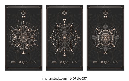 Vector set of three dark backgrounds with geometric symbols, grunge textures and frames. Sacred mystic signs drawn in lines. Illustration in black and gold colors. For you design and magic craft.