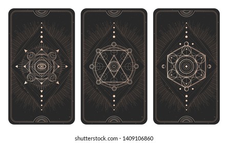 Vector set of three dark backgrounds with geometric symbols, grunge textures and frames. Sacred mystic signs drawn in lines. Illustration in black and gold colors. For you design and magic craft.