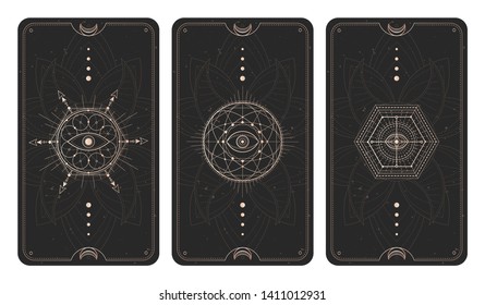 Vector set of three dark backgrounds with geometric symbols, grunge textures and frames. Sacred mystic signs drawn in lines. Illustration in black and gold colors. For you design and magic craft.