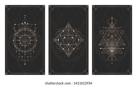 Vector set of three dark backgrounds with geometric symbols, grunge textures and frames. Sacred mystic signs drawn in lines. Illustration in black and gold colors. For you design and magic craft.