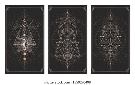 Vector set of three dark backgrounds with sacred symbols, grunge textures and frames. Abstract mystic signs drawn in lines. Illustration in black and gold colors. For you design and magic craft.