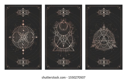 Vector set of three dark backgrounds with sacred symbols, grunge textures and frames. Abstract mystic signs drawn in lines. Illustration in black and gold colors. For you design and magic craft.