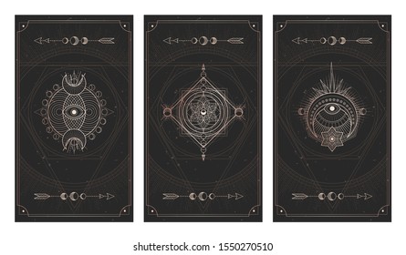 Vector set of three dark backgrounds with sacred symbols, grunge textures and frames. Abstract mystic signs drawn in lines. Illustration in black and gold colors. For you design and magic craft.