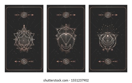 Vector set of three dark backgrounds with sacred symbols, grunge textures and frames. Abstract mystic signs drawn in lines. Illustration in black and gold colors. For you design and magic craft.