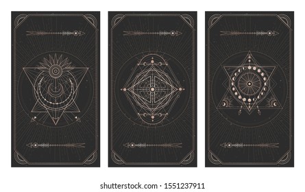 Vector set of three dark backgrounds with sacred symbols, grunge textures and frames. Abstract mystic signs drawn in lines. Illustration in black and gold colors. For you design and magic craft.