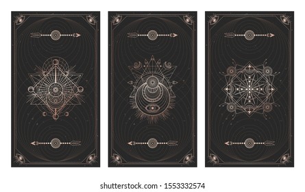 Vector set of three dark backgrounds with sacred symbols, grunge textures and frames. Abstract mystic signs drawn in lines. Illustration in black and gold colors. For you design and magic craft.