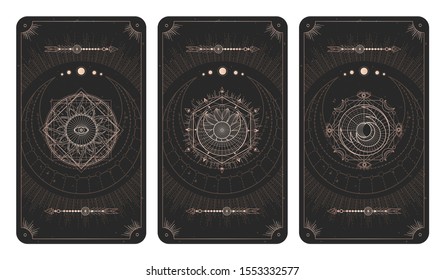 Vector set of three dark backgrounds with sacred symbols, grunge textures and frames. Abstract mystic signs drawn in lines. Illustration in black and gold colors. For you design and magic craft.