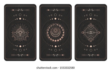 Vector set of three dark backgrounds with sacred symbols, grunge textures and frames. Abstract mystic signs drawn in lines. Illustration in black and gold colors. For you design and magic craft.