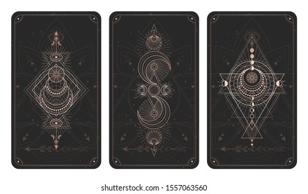 Vector set of three dark backgrounds with sacred symbols, grunge textures and frames. Abstract mystic signs drawn in lines. Illustration in black and gold colors. For you design and magic craft.