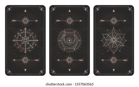 Vector set of three dark backgrounds with sacred symbols, grunge textures and frames. Abstract mystic signs drawn in lines. Illustration in black and gold colors. For you design and magic craft.