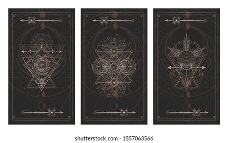 Vector set of three dark backgrounds with sacred symbols, grunge textures and frames. Abstract mystic signs drawn in lines. Illustration in black and gold colors. For you design and magic craft.