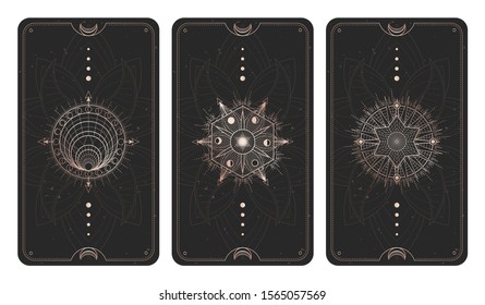 Vector set of three dark backgrounds with sacred symbols, grunge textures and frames. Abstract mystic signs drawn in lines. Illustration in black and gold colors. For you design and magic craft.