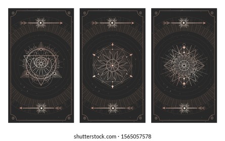 Vector set of three dark backgrounds with sacred symbols, grunge textures and frames. Abstract mystic signs drawn in lines. Illustration in black and gold colors. For you design and magic craft.