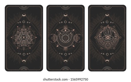 Vector set of three dark backgrounds with sacred symbols, grunge textures and frames. Abstract mystic signs drawn in lines. Illustration in black and gold colors. For you design and magic craft.