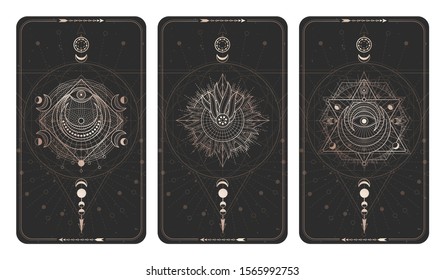 Vector set of three dark backgrounds with sacred symbols, grunge textures and frames. Abstract mystic signs drawn in lines. Illustration in black and gold colors. For you design and magic craft.