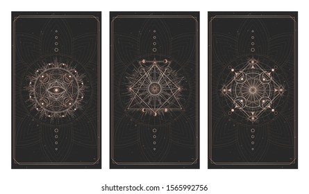 Vector set of three dark backgrounds with sacred symbols, grunge textures and frames. Abstract mystic signs drawn in lines. Illustration in black and gold colors. For you design and magic craft.