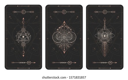 Vector set of three dark backgrounds with sacred symbols, grunge textures and frames. Abstract mystic signs drawn in lines. Illustration in black and gold colors. For you design and magic craft.