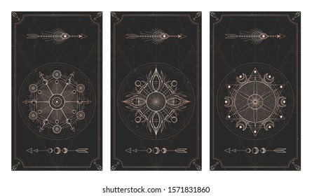 Vector set of three dark backgrounds with sacred symbols, grunge textures and frames. Abstract mystic signs drawn in lines. Illustration in black and gold colors. For your design and magic craft.