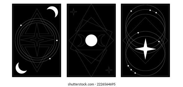 Conjunto vectorial de tres fondos oscuros con símbolos sagrados, texturas y marcos de color gris. Resumen de signos místicos trazados en líneas. Ilustración en colores negro y dorado. Para tu diseño y arte mágico.