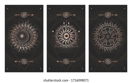 Vector set of three dark illustrations with sacred geometry symbols and grunge textures. Images in black and gold colors. 