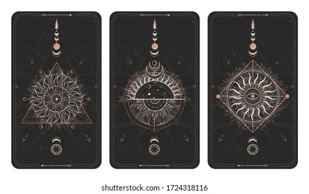 Vector set of three dark illustrations with sacred geometry symbols and frames. Images in black and gold colors. 