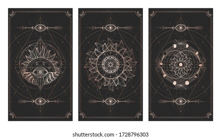Vector set of three dark illustrations with sacred geometry symbols and frames. Images in black and gold colors. 