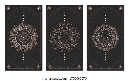 Vector set of three dark illustrations with sacred geometry symbols and frames. Images in black and gold colors. 