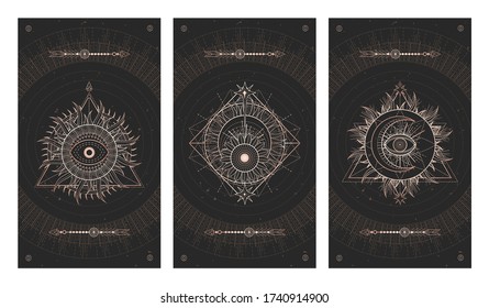 Vector set of three dark illustrations with sacred geometry symbols. Images in black and gold colors. 