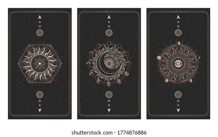 Vector set of three dark illustrations with sacred geometry symbols, grunge textures and frames. Images in black and gold colors. 