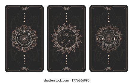 Vector set of three dark illustrations with sacred geometry symbols, grunge textures and frames. Images in black and gold colors. 