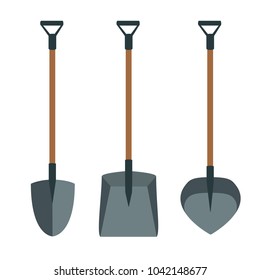 Vector set of three different spades. round, square, shovel pit pan on a long wooden handle with metal grip. vector illustration with isolated objects on white background